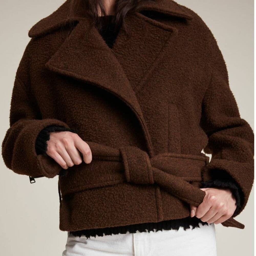 All Saints NWOT Boston Jacket Brown Wool Fleece Size 8 Belted Double Breasted